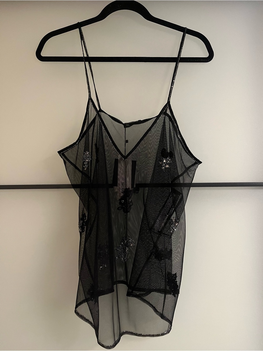 Zara Black Sheer Mesh Cami with Beaded Floral Appliqués